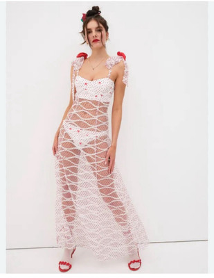 For Love & Lemons Giada Sheer Polka Dot Maxi Dress Sz Small Romantic Valentines