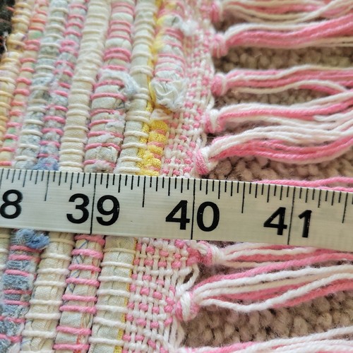 VTG Handmade Cotton Rag Rug 26 X 40 Fringe Pink Blue Striped Cottage Shabby Chic - Bild 7 von 7