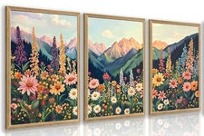 Mount Daisy Wildflower Landscape Wall Art, Colorful Floral Wall Decor, Boho S...