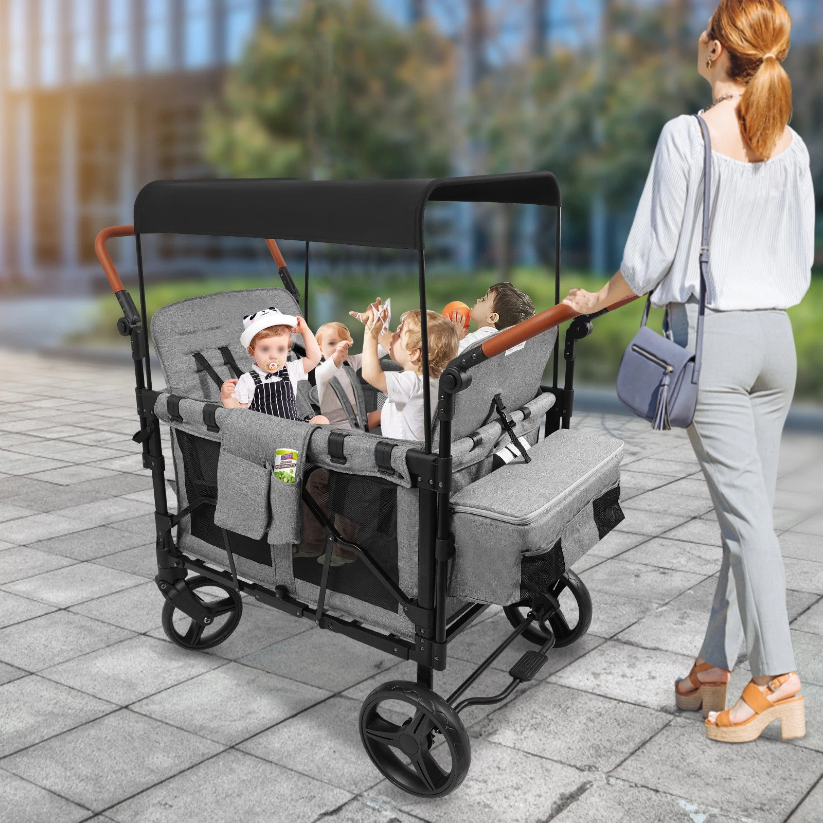 Folding Baby Wagon Stroller Cart For 4 Kids Face To Face High Seat Quad w/Canopy