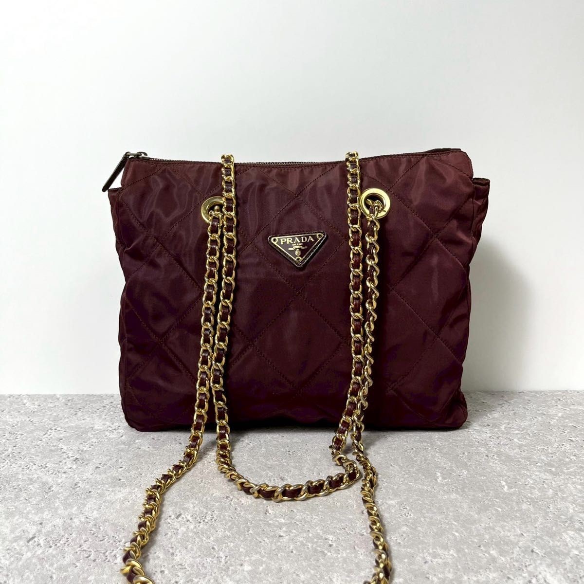 RARE PRADA Quilted Chain Shoulder Tote Bag in Bordeaux