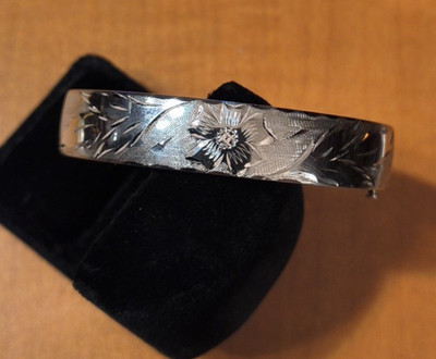Vintage 925 Sterling geätzte Blume Floral Armreif Armband 7 1/2 24,5 Gramm