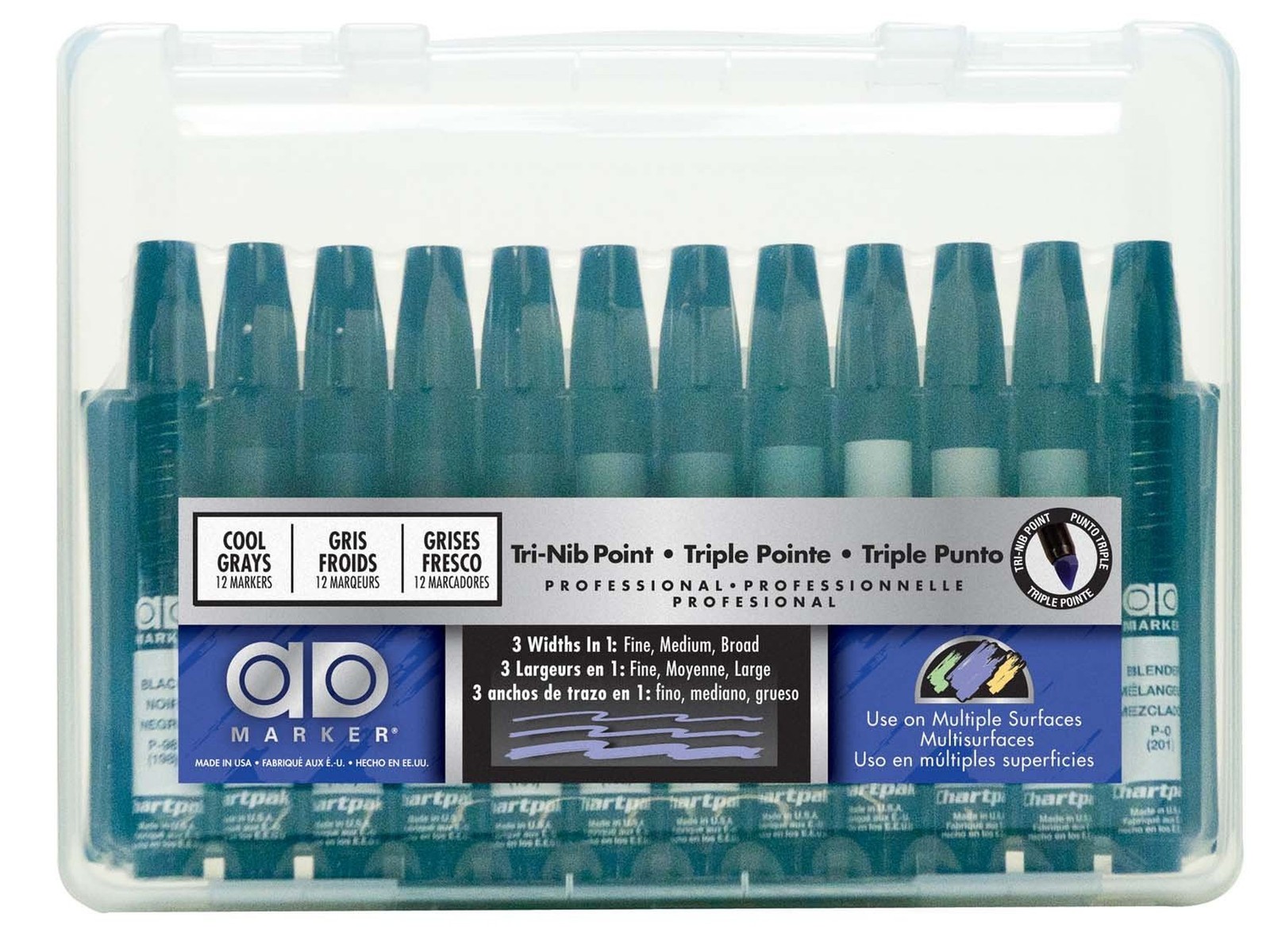 The Original Chartpak AD Markers, Tri-Nib, 12 Assorted Cool 