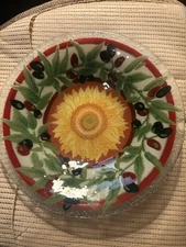 Peggy Karr TUSCANY 11" x 2” Round Bowl Fused Glass Olives Sunflower Red Band