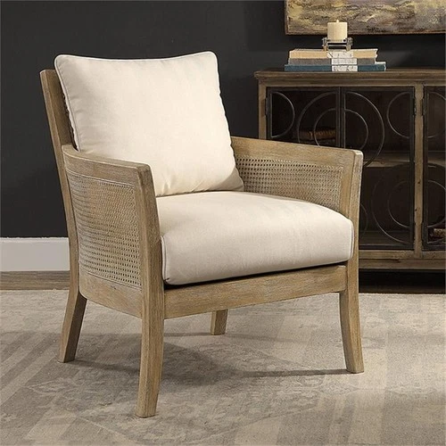Uttermost Encore Wood Rattan Metal and Fabric Arm Chair in Off White - Picture 2 of 10