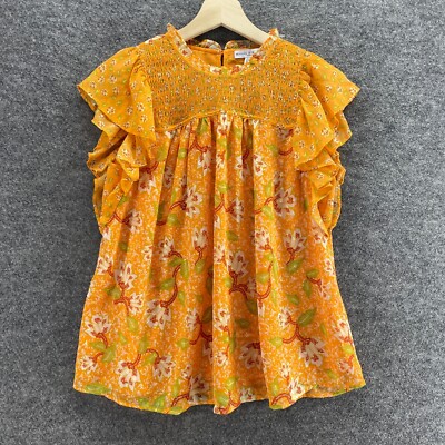 Maison d'Amein Blouse Women S  Orange Floral Crew Neck Short Sleeve Casual