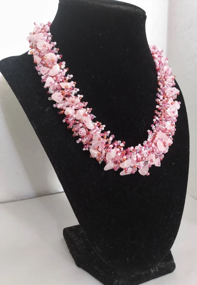 6- Collar Gargantilla Hecho a Mano Rosa Blanco Vidrio Semilla Perla Grueso Cuentas Declaración 
