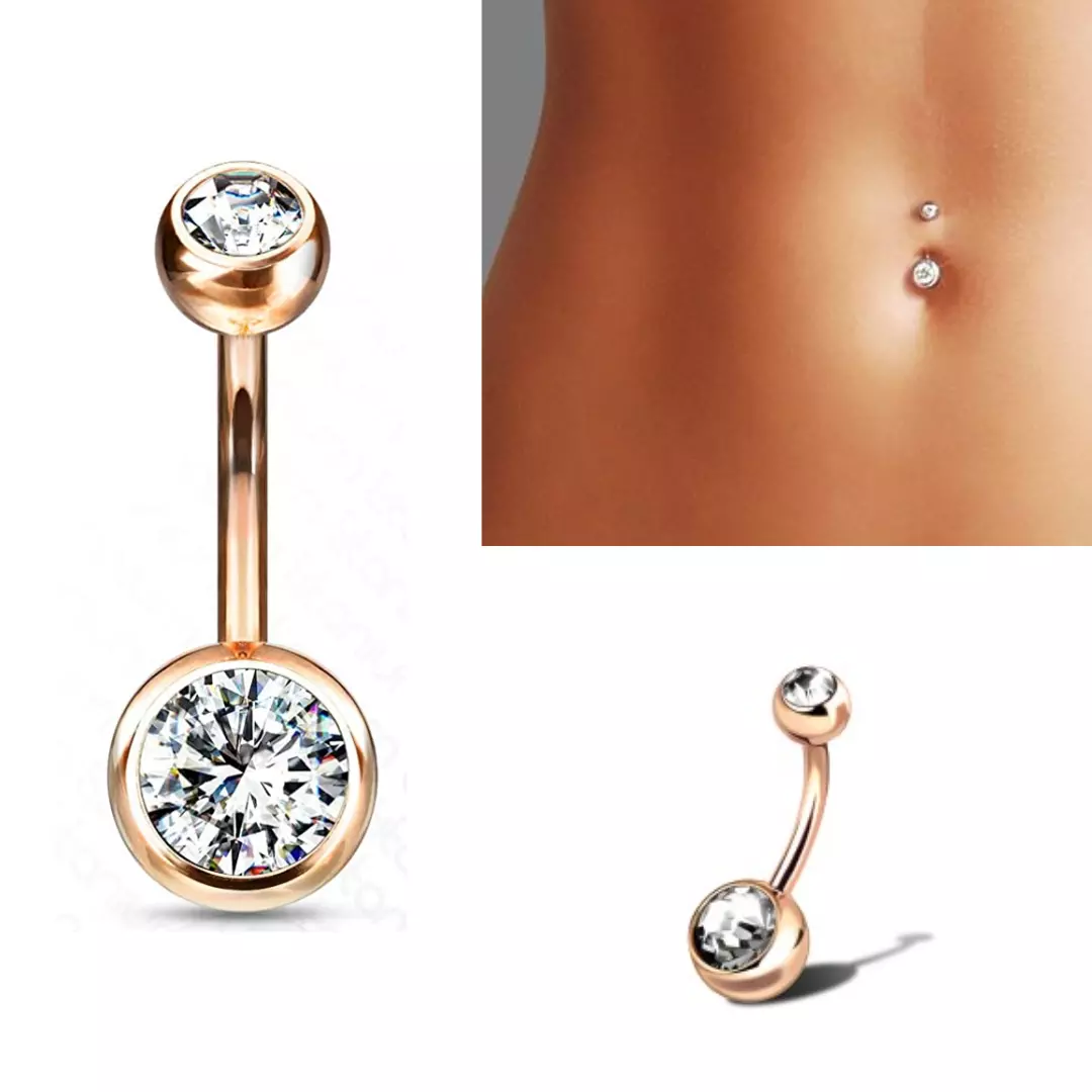 Gold PVD Double Gem Ball Steel Belly Button Ring-Clear Gem - BM25.com