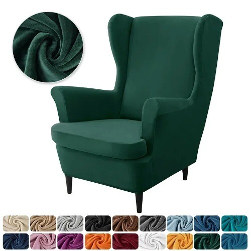 Velvet Wingback Chair Covers Wing Armchair Cover with Seat Cushion Slipcover - Picture 14 of 34