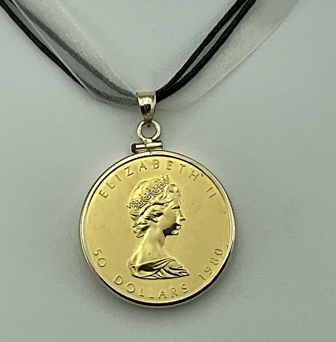 1980 $50 oz Gold Maple Leaf Coin Pendant- 14K Yellow Gold Bezel