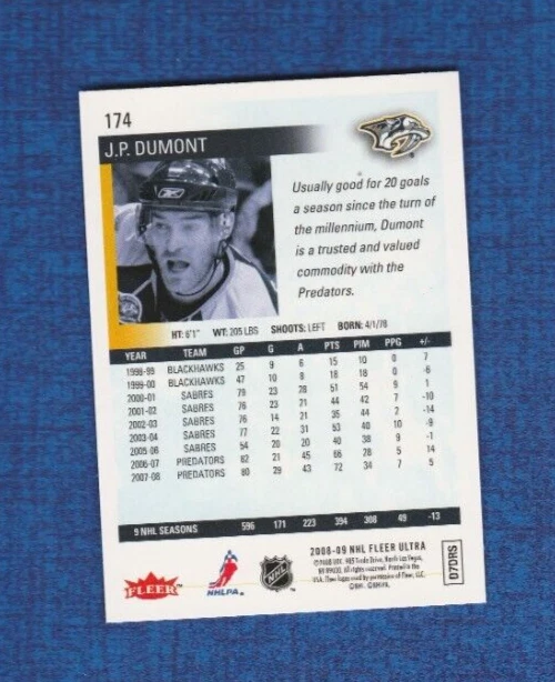 2008-09 Fleer Ultra Hockey Gold Medallion # 174 J.P. Dumont - Image 2 of 2