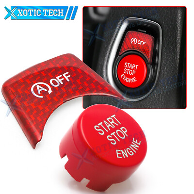 Red Carbon Fiber OFF + Red Engine Start Stop Switch Button Cover Combo For BMW