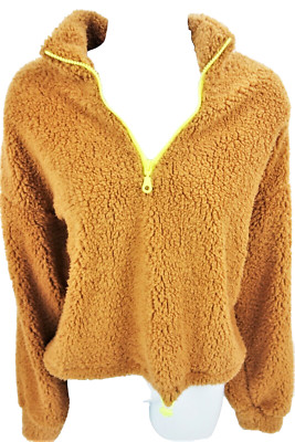 Junior Ultra Flirt Burnt Orange 1/4 Zip Chunky Fleece Faux Fur Pullover Jacket 