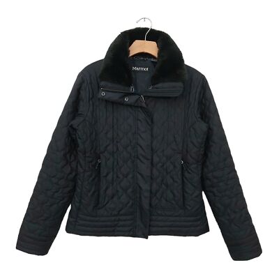 Marmot St. Moritz Quilted Jacket Womens Medium Black Faux Fur Collar Full Zip