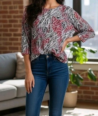 NEW Rebecca Malone Women's Plus 1X Blouse Shirt Top Black Silver Animal Shimmer 