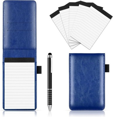  7 Pcs Small Pocket Notepad Holder Set with Pen, Mini Portable Leather Blue