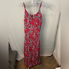 Hazel Maxi Dress Womens Large Red Tropical Leaf Print Wrap Front Smocked Back