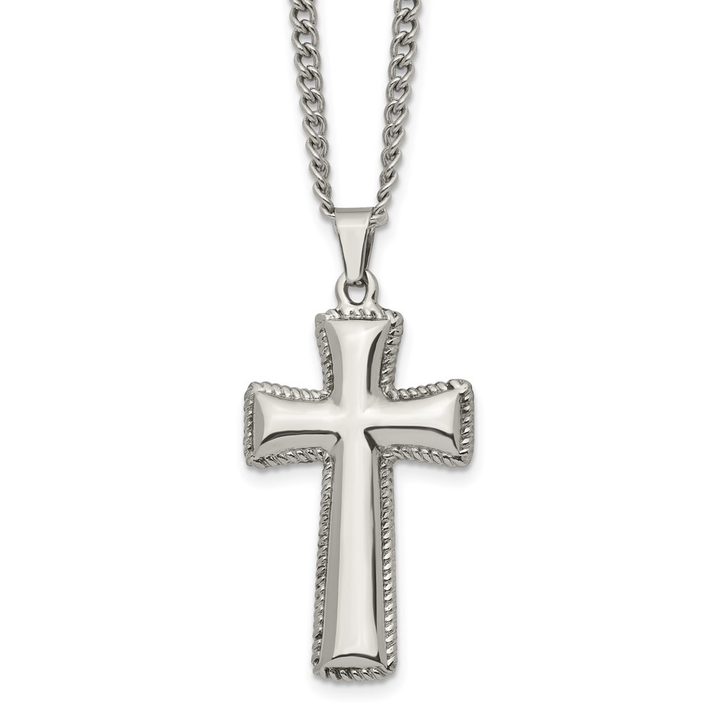 Stainless Steel Polished Pillow Cross Pendant Curb Chain Necklace 24