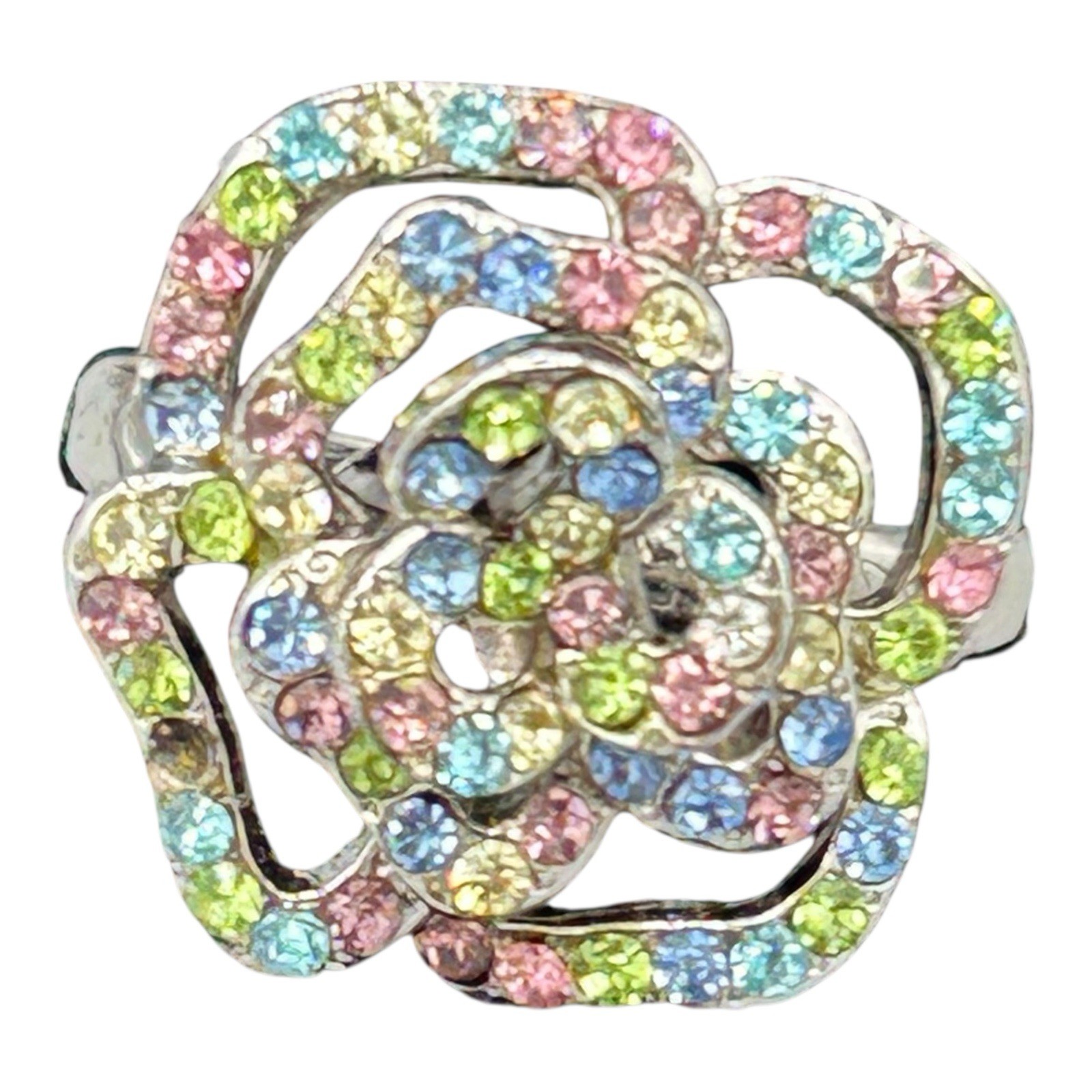 Adjustable Multicolor Crystal Flower Ring Silver … - image 2