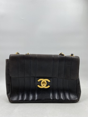 Vintage 90s Chanel Black Leather Vertical Quilt Flap Bag Gold Hardware COA