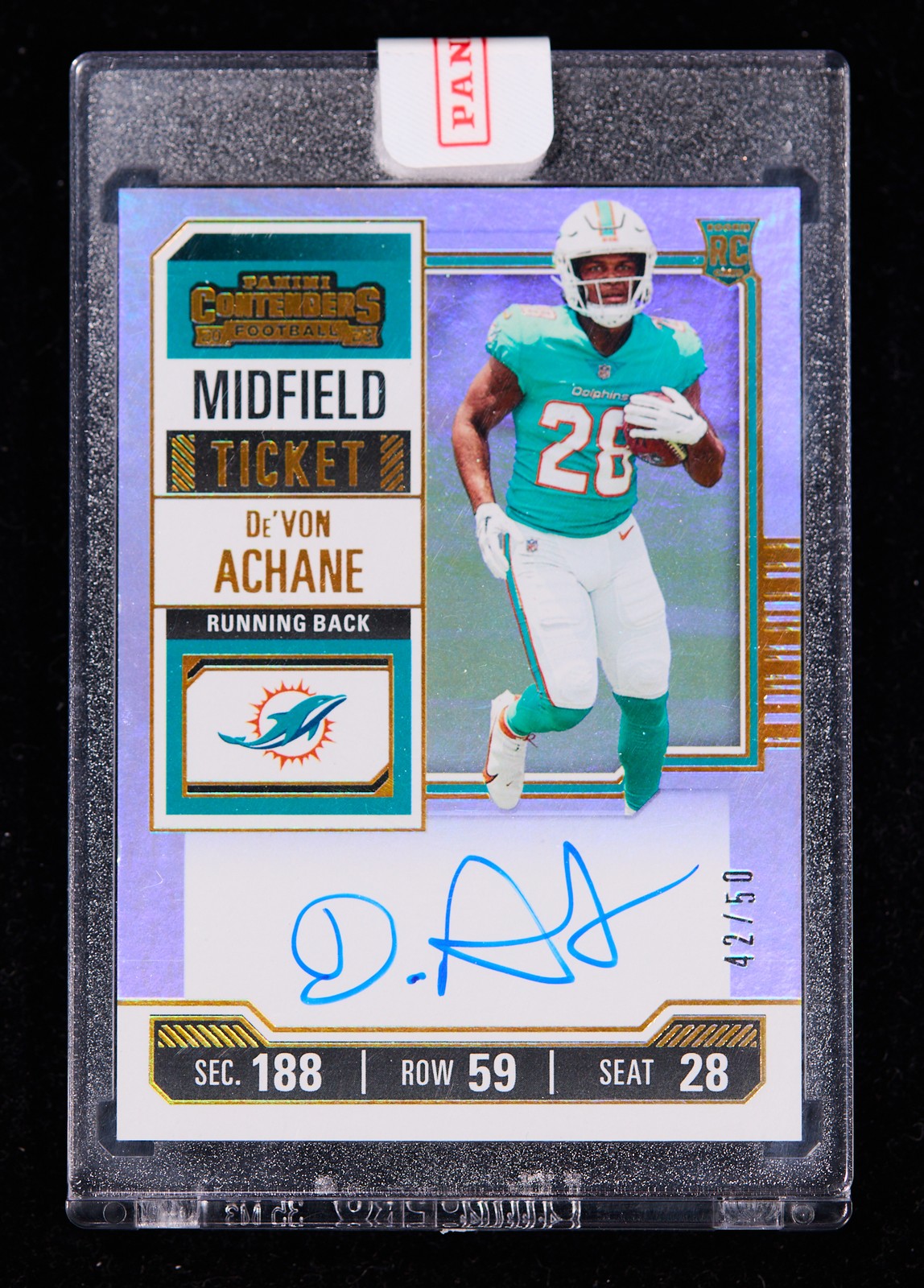 De'Von Achane RC 2023 Panini Contenders Midfield Ticket Auto RPS 42/50 [xfu10