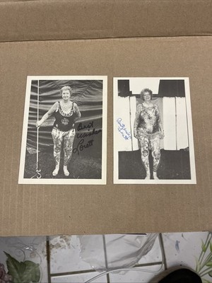2 SIGNED Lorett Fulkerson Tattooed Lady Pitch Cards   Double-Sided + Sequined