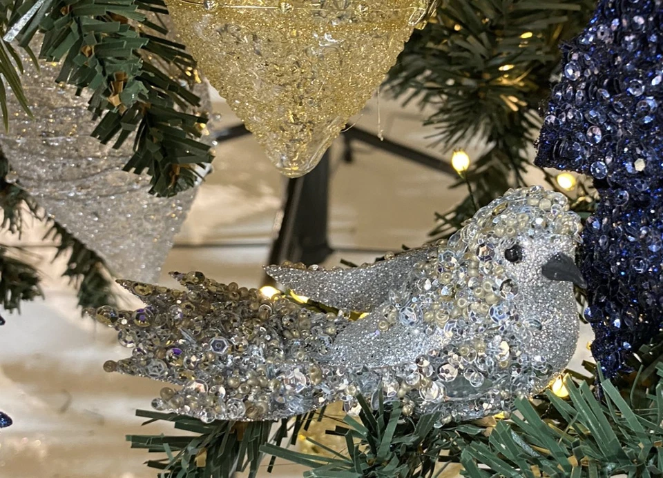 Silver Bird Christmas Tree Clip on Decorations Ornaments 11cm Sparkle Finish x 6 - Image 3 of 4