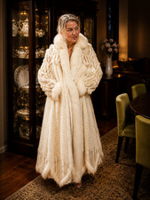 Rare White Mink and White Fox Fur Coat Full Length Couture Finland