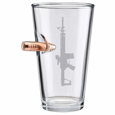 16oz AR15 pint glass with .50 caliber bullet