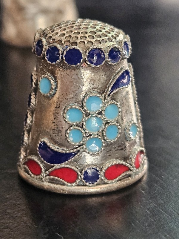 Antique Filigree Enamel Flower Sterling Silver Thimble