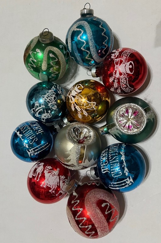 VTG 11 USA FRANKE GLASS ORNAMENT LOT Matte Stencils Christmas Snowcap Germany