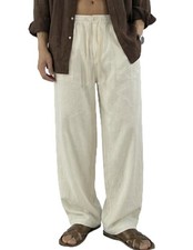 Men's Linen Pants Casual Elastic Waist Pants Lightweight Summer Beach Trouser...