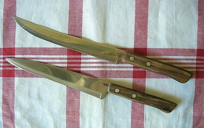 Lot of 2 Flint Arrowhead Stainless Vanadium Kitchen Knives 13'' & 14'' Wood Hdls