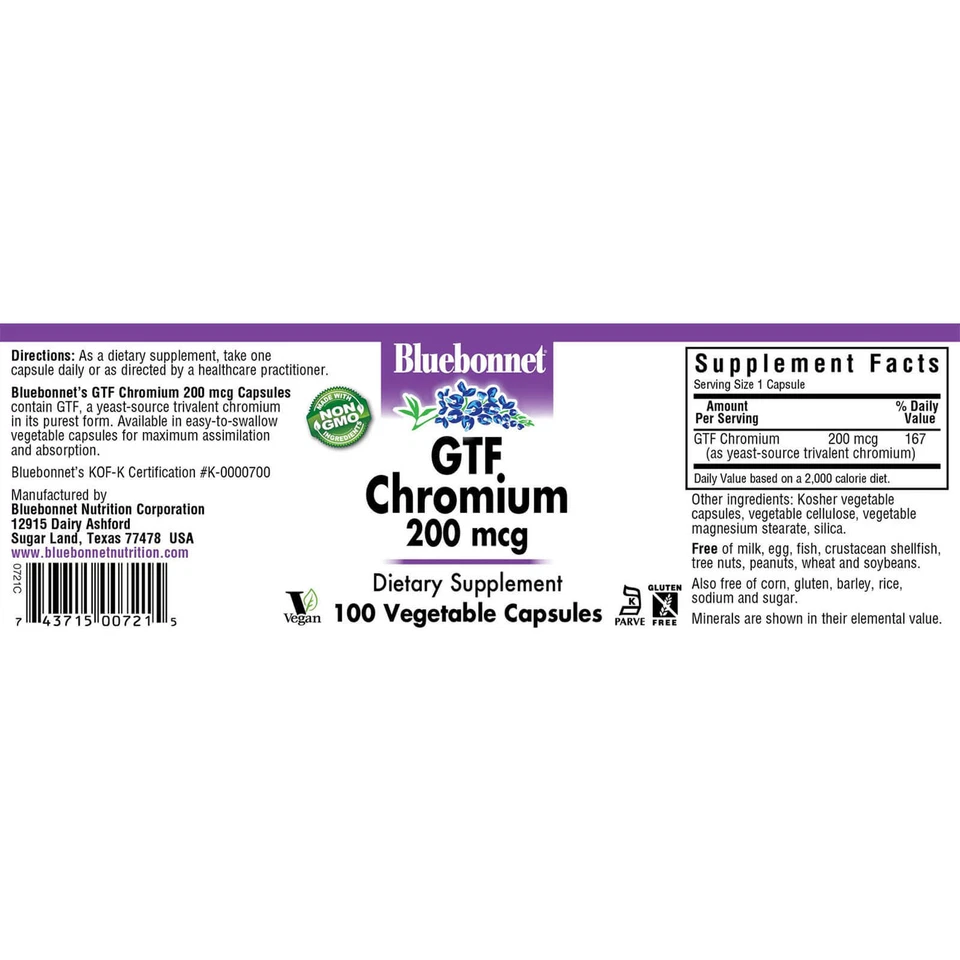Bluebonnet Gtf Cromo 200 Mcg 100 Cápsulas Vegetales, Metabolismo Saludable de la Glucosa Foto 4 de 4