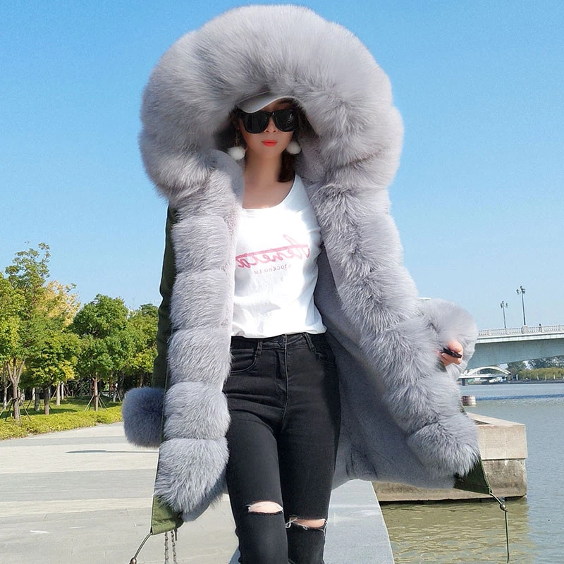 Fashion Women Real Fox Fur Collar Cuff Hooded Coat Long Parka Winter Warm Jacket