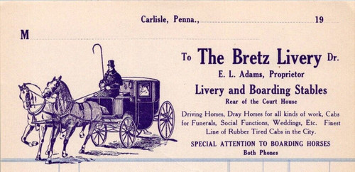 1900S BRETZ LIVERY BOARDING STABLES DRAY HORSES FUNERALS CARLISLE PA BL252