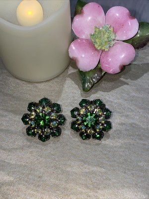 VTG West Germany Signed Dark Green & Light Green AB Rhinestone Clip On Earrings