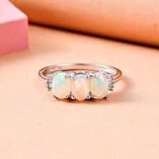NEU! 9K Weißgold AA äthiopischer Opal und Diamant Trilogie Ring