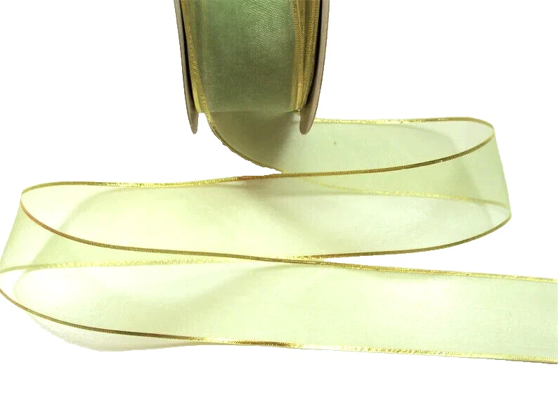 Cinta de organza verde Celadon transparente 1 1/2" x 10 yardas borde dorado metálico B19 Foto 3 de 4