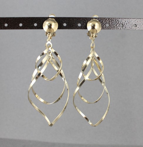 Gold Clip On earrings lightweight clips 3.5" long dangle chandelier big twist - 第 3/9 張圖片
