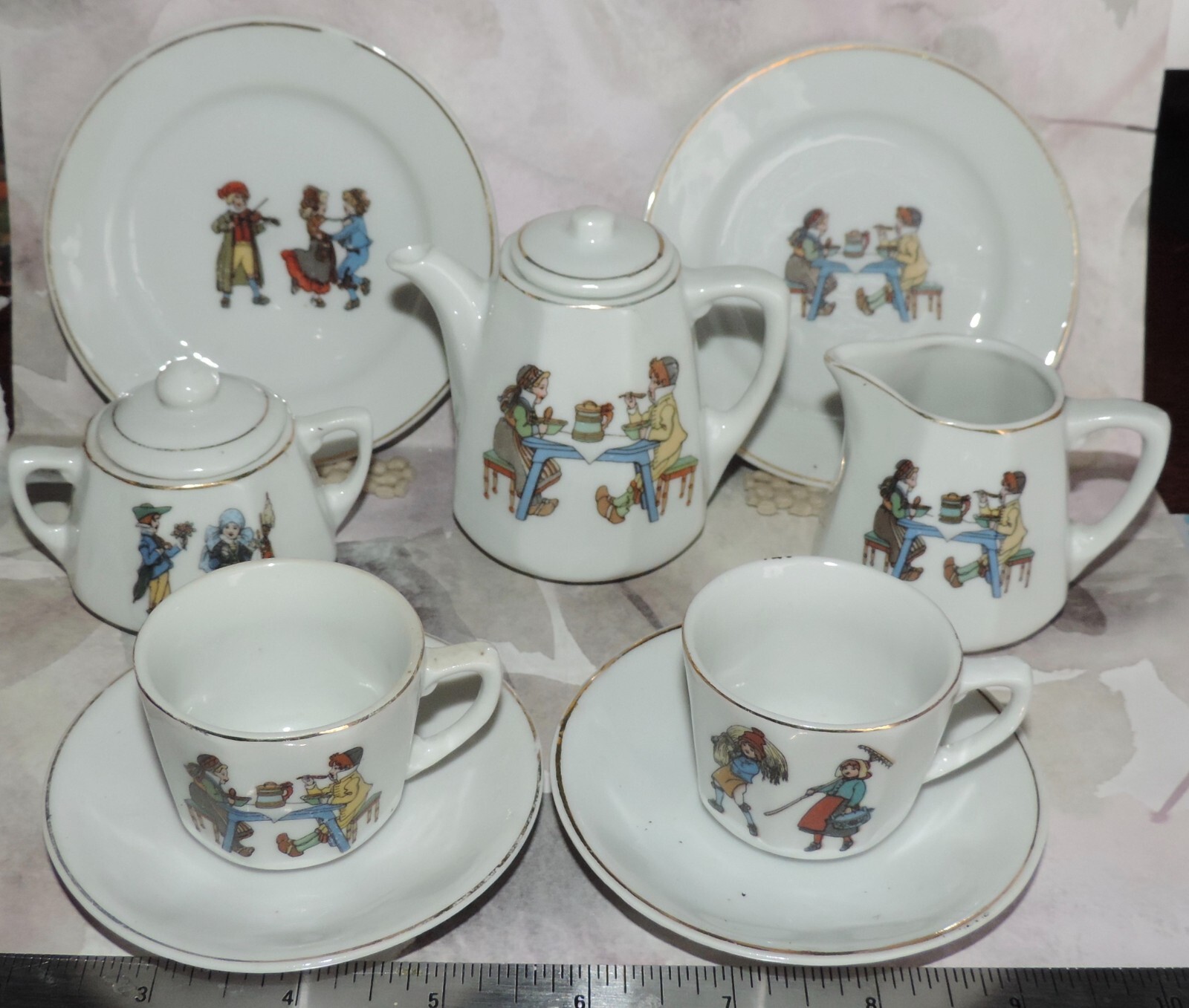 Vintage/Antique German Porcelain Child's Tea Set Litho Graphics