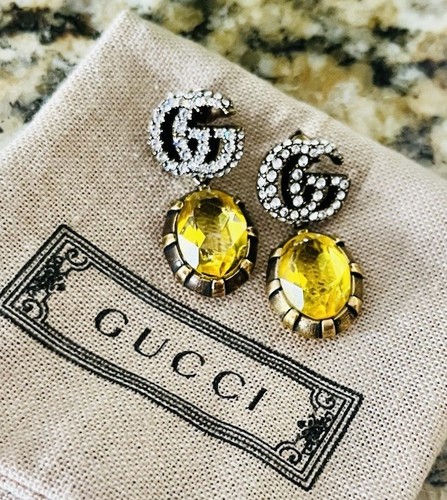 Authentic Gucci Marmont Crystal Double G Yellow Oval Aged Gold Drop Earrings