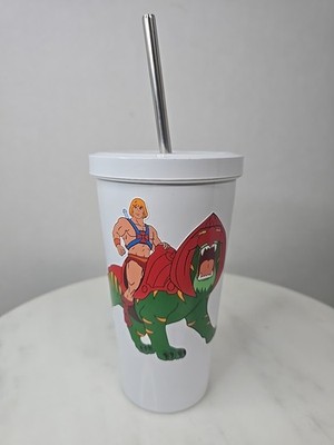 16oz Metal TUMBLER And Metal Straw With He-Man And Battlecat Sticker White MOTU