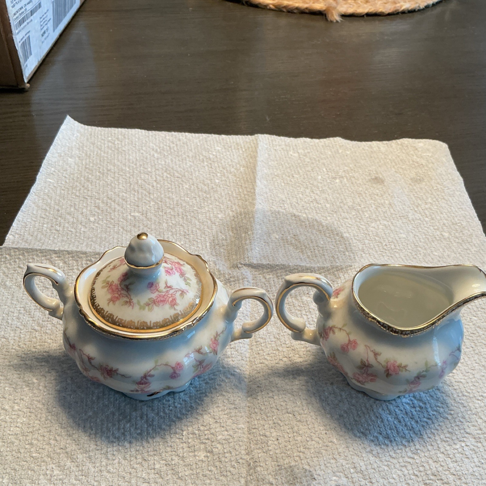 Royal Sealy Porcelain Creamer & Sugar Set Floral Gold Trim Vintage 3pc