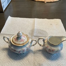 Royal Sealy Porcelain Creamer & Sugar Set Floral Gold Trim Vintage 3pc
