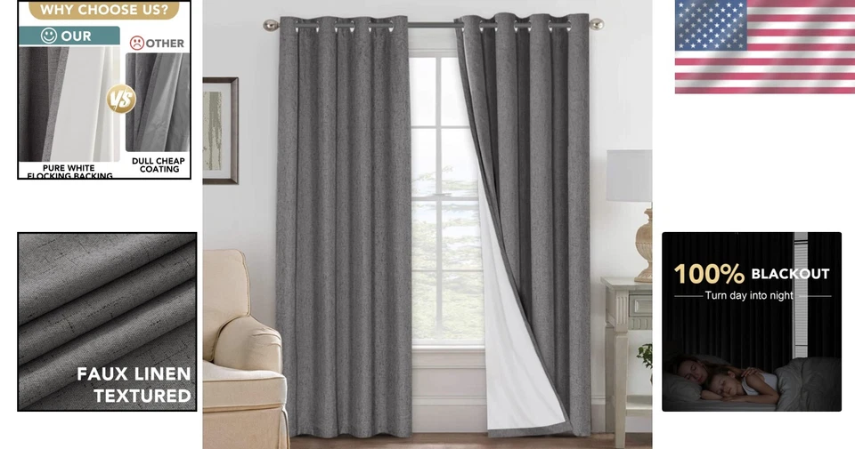 Elegant Grey Linen Draperies - Energy Saving, Noise Reducing - Image 2 of 4