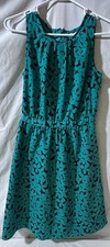 Ann Taylor Loft sleeveless, green w/black geo design, gathered waist, dress 4