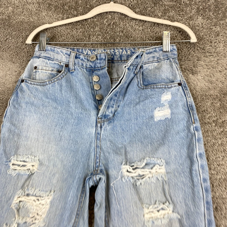 Pantalones de mezclilla para mujer Vanilla Star años 90 Boyfriend 1 azul tiro alto botón mosca desgastado Foto 2 de 4