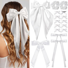 16PCS White Oversized Silky Satin Hair Bows Set, Ribbon Bows with Scrunchies for