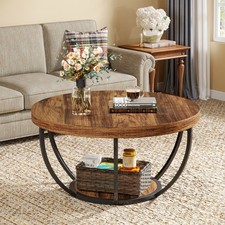 Round Coffee Table, 2-Tier Industrial Wooden Center Tea Table for Living Room